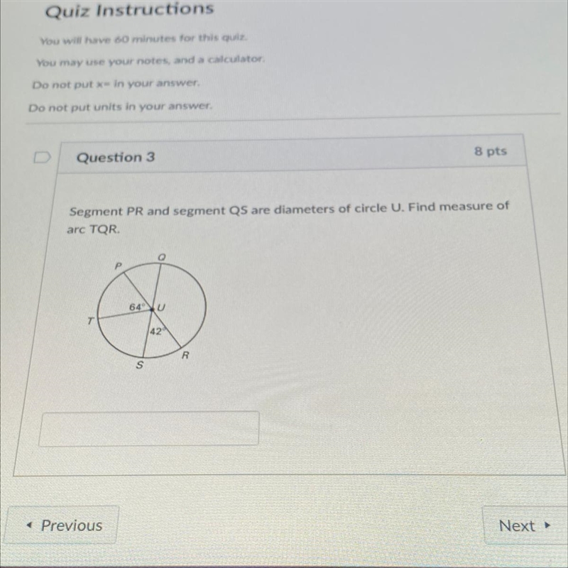 PLEASE HELP Question 3 Segment PR and segment QS are diameters of circle U. Find measure-example-1