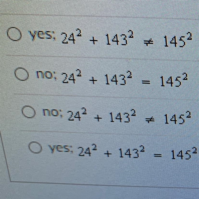 A triangle has side lengths 24,143 and 145 is it a right triangle?-example-1