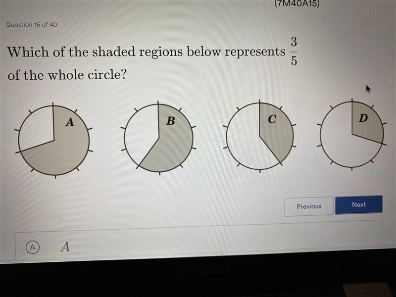 Which of the shaded regions below represents 3/5 of the whole circle-example-1