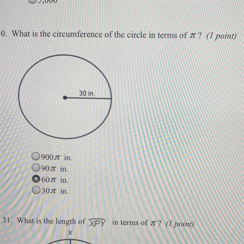 What is the circumference of the circle in terms of pi 30 in?-example-1