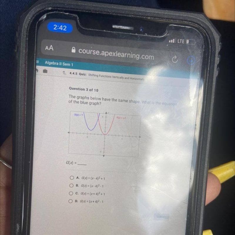 The graphs below have the same shape. What is the equation of the blue graph?-example-1