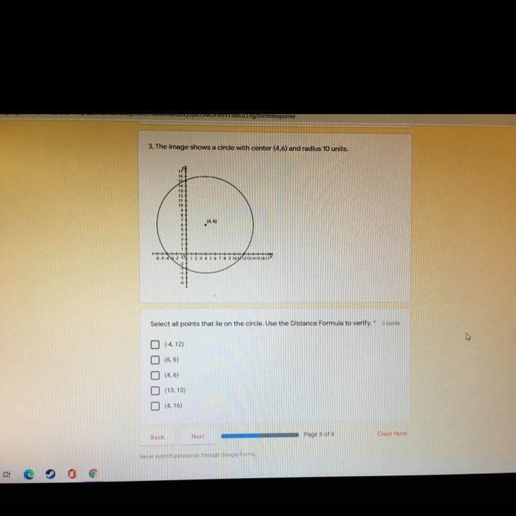 The image shows a circle with center (4,6) and radius 10 units.-example-1