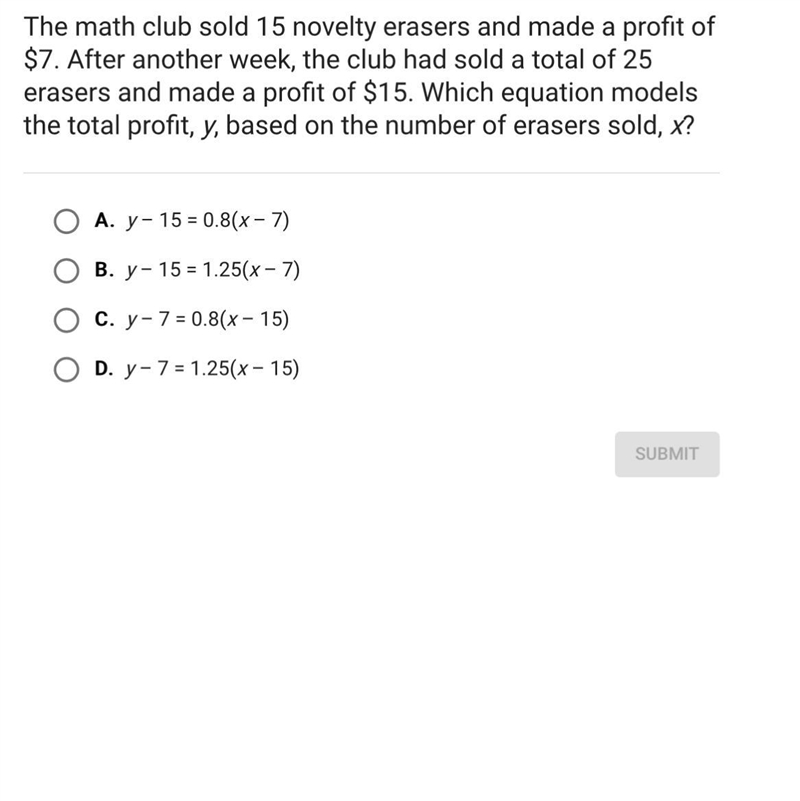 The math club sold 15 novelty erasers and made a profit of $7. After another week-example-1