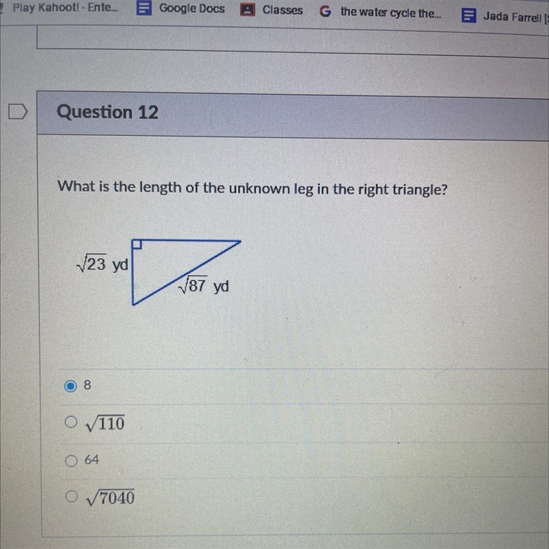 What is the length of the unknown leg in the right triangle-example-1