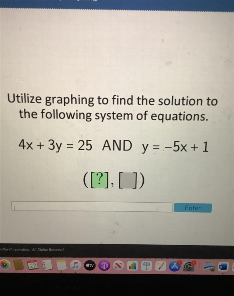 Utilize graphing to find the solution to the following system of equations. 4x + 3y-example-1