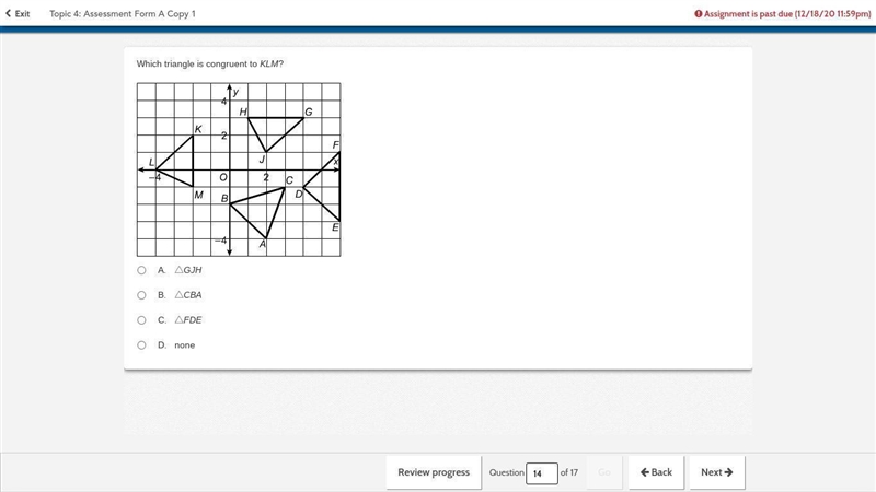 Which triangle is congruent to KLM?​-example-1