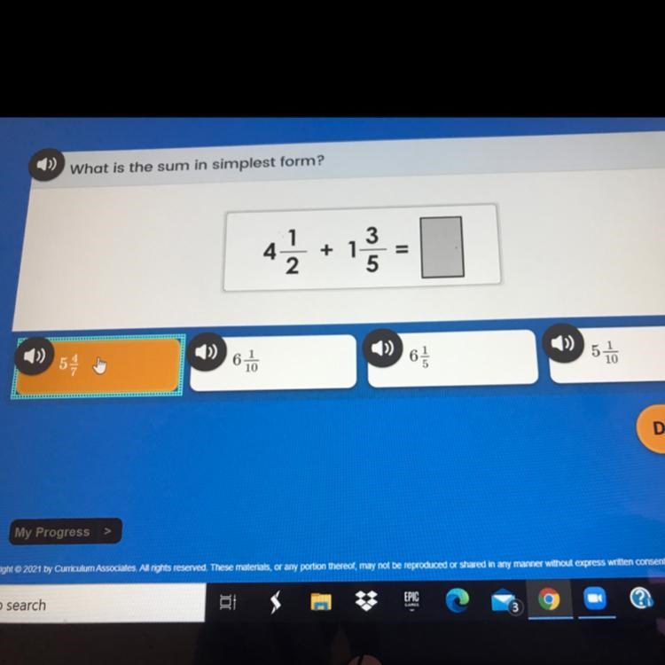 !27!points What is the sum in simplest form? 1 4 3 + 1 5 610 5+-example-1