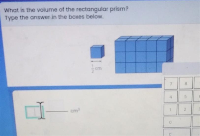 What is the volume of the rectangular prism? Type the answer in the boxes below. Icm-example-1