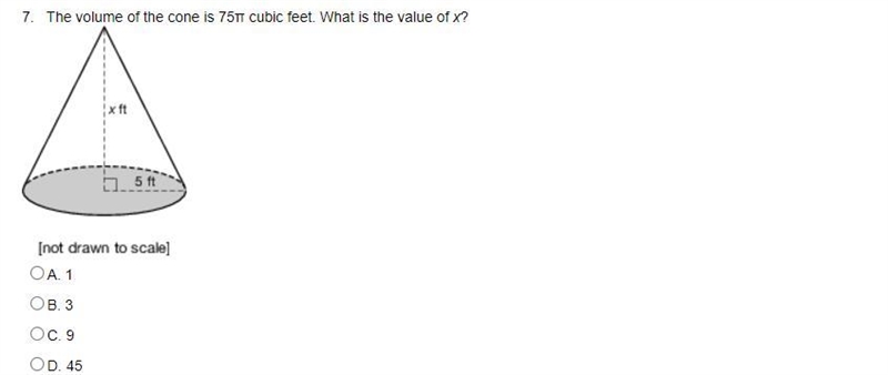 The volume of the cone is 75π cubic feet. What is the value of x?-example-1