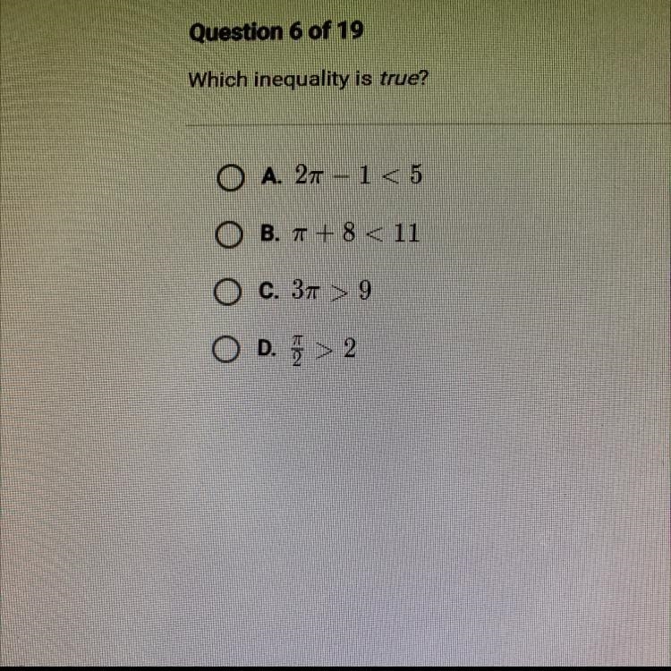 Which inequality is true? O A. 27 - 1<5 O B. 7 + 8 <11 O C.37 > 9 OD. &gt-example-1