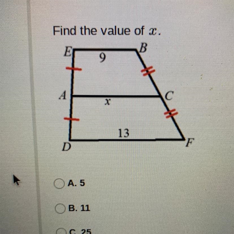 Find the value or x. - a. 5 b. 11 c. 25 d. 31-example-1