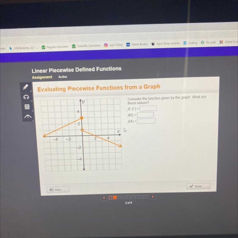 Consider the function given by the graph. What are these values? f(-2) = f(0) = f-example-1