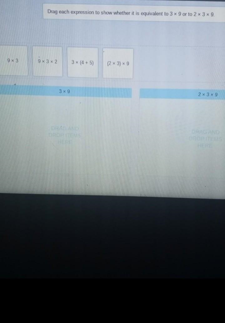 Drag each expression to show whether it is equivalent to 3 time times 9 or to 2x3x-example-1