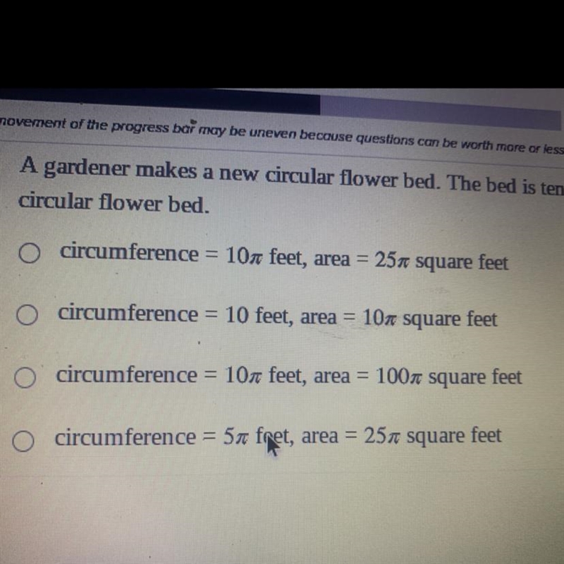 a gardener makes a new circular flower bed. the bed is ten feet in diameter. calculate-example-1