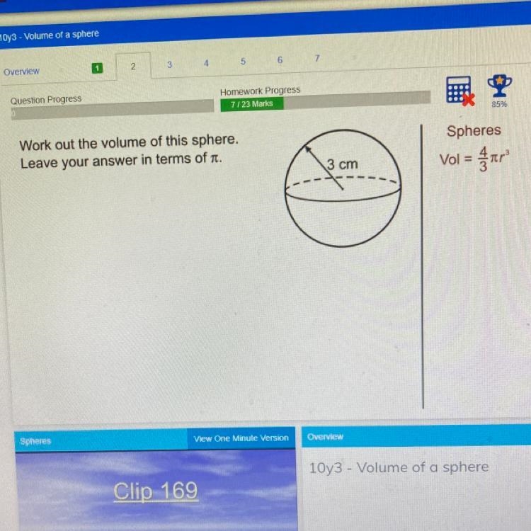 Work out the volume of this sphere. Leave your answer in terms of pi-example-1