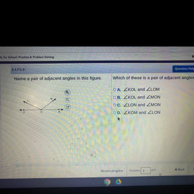 Which of these is a pair of adjacent angles?-example-1