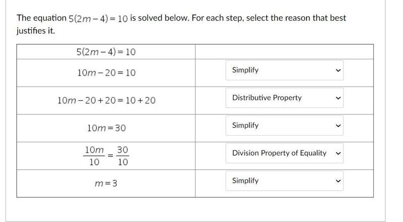 The options for each are - distributive property - simplify - addition property of-example-1