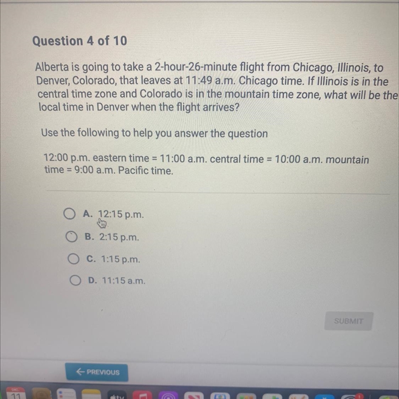 Alberta is going to take a 2-hour-26-minute flight from Chicago, Illinois, to Denver-example-1