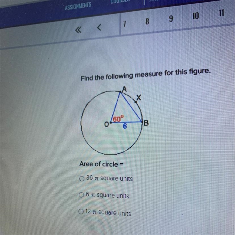 Area of circle = A) 36 pie square units B) 6 pie square units C) 12 pie square units-example-1