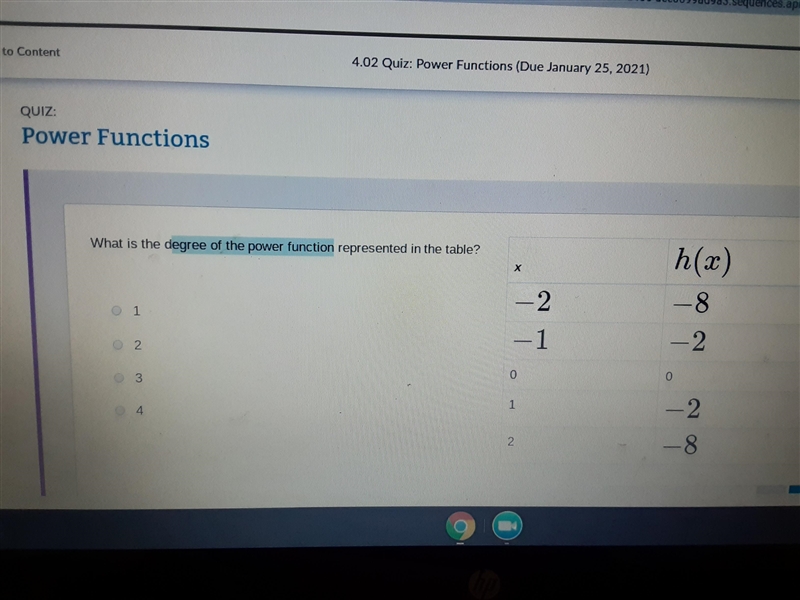 What is the degree of the power function represented in the table-example-1