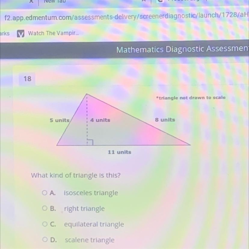 Triangle not drawn to scale 5 units 4 units 8 units 11 units What kind of triangle-example-1