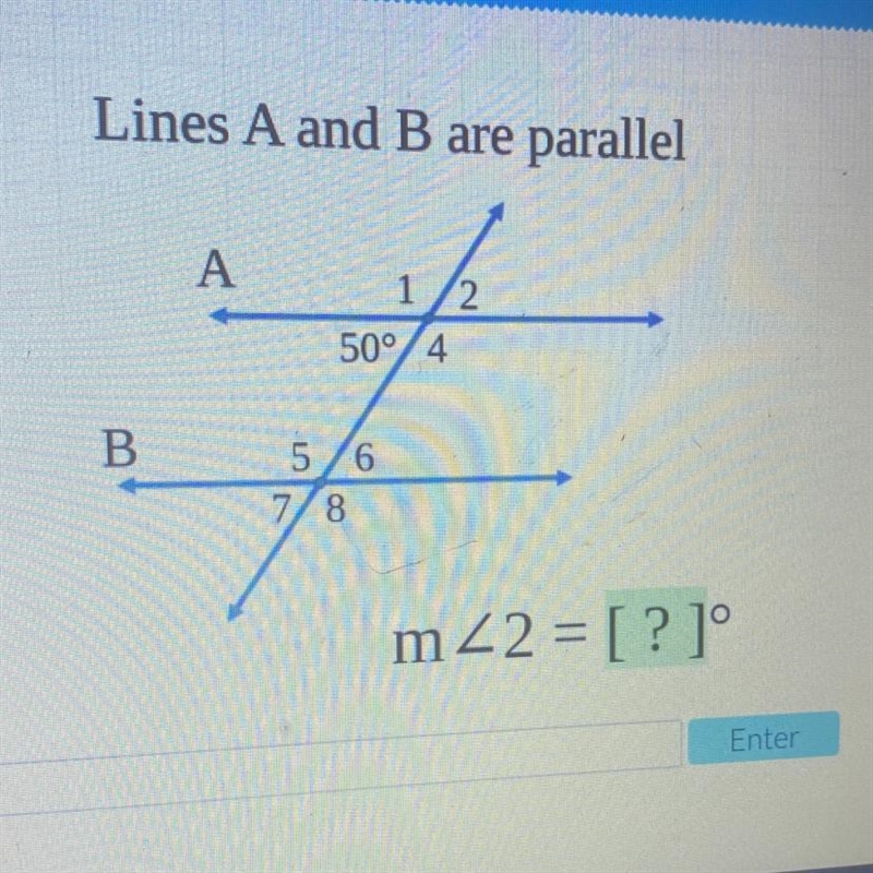 Lines A and B are parallel A 1 2 50° 4 B 5 6 8 mZ2 = [?]°-example-1