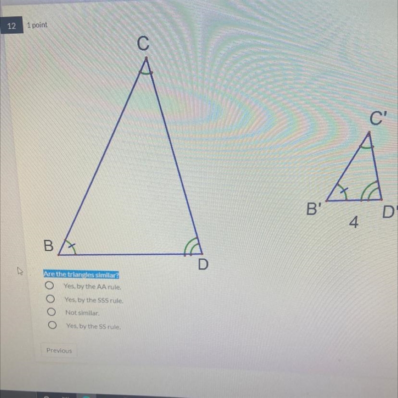 Are the triangles similar? A. Yes by the AA rule B. yes by the SSS rule C. not similar-example-1