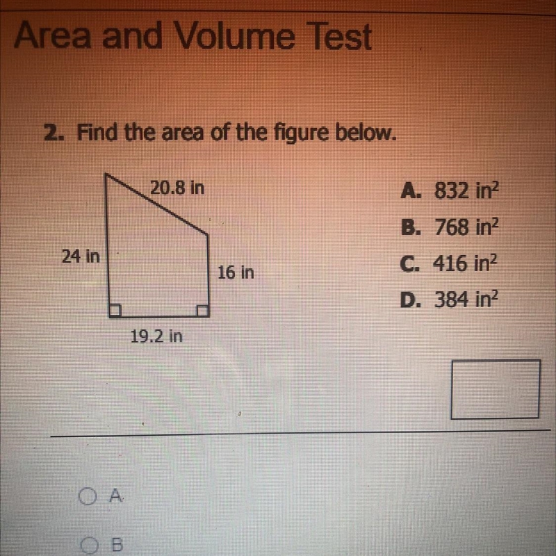 Find the area of the figure below A.832in^2 B.768^2 C.416^2 D.384in^2-example-1