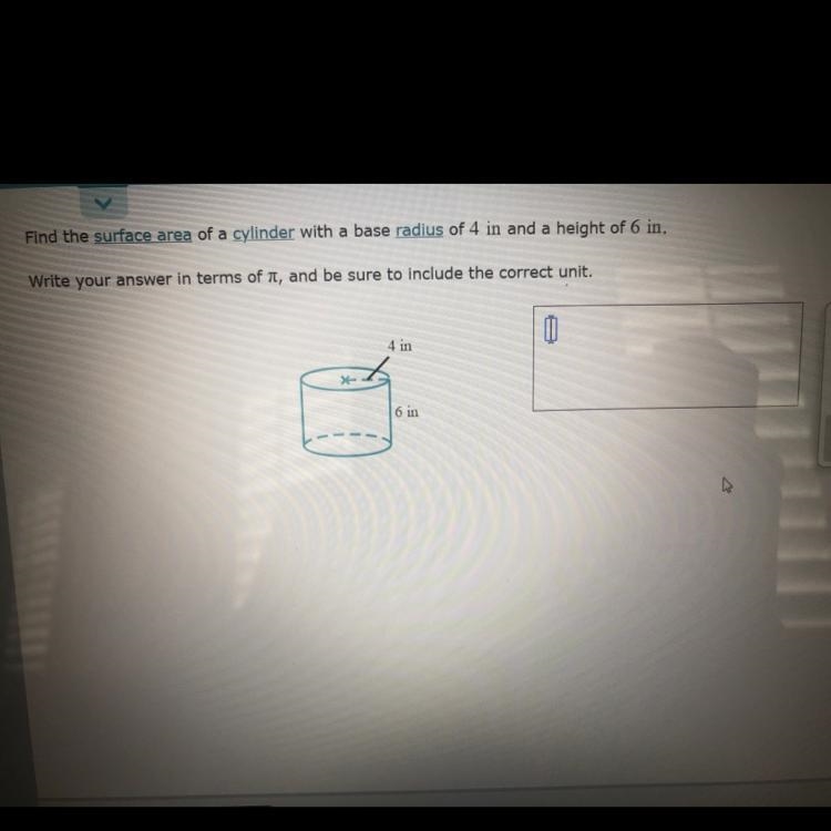 Find the surface area of a cylinder with a base radius of 4 in and a height of 6in-example-1