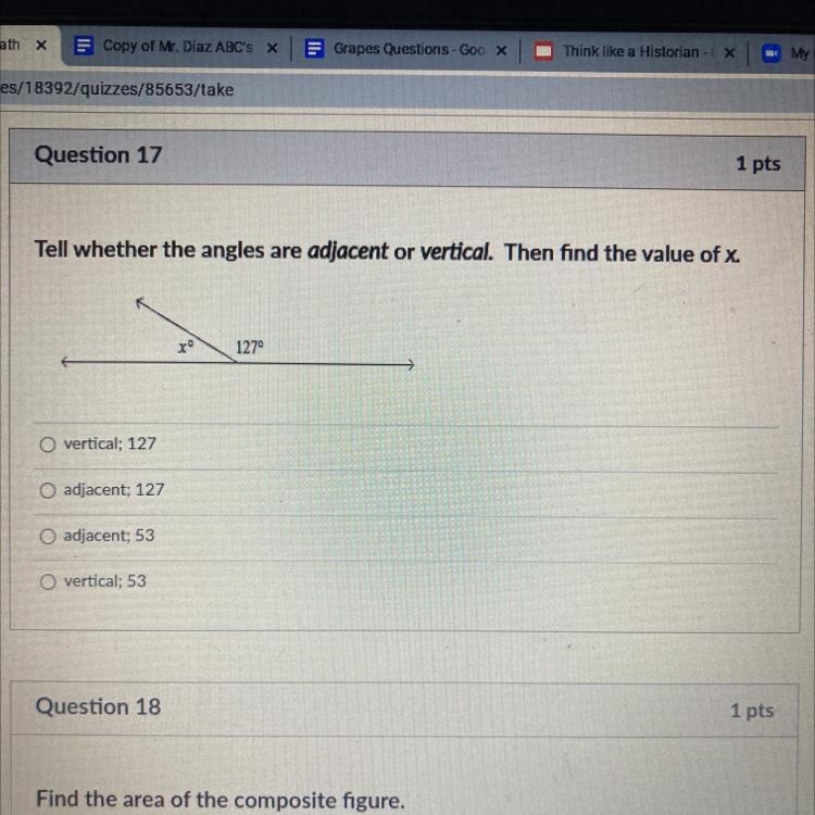 Tell whether the angles are adjacent or vertical. Then find the value of x. rº 1270 O-example-1