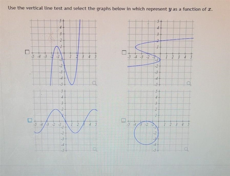 Use the vertical line test and select the graphs below in which represent y as a function-example-1