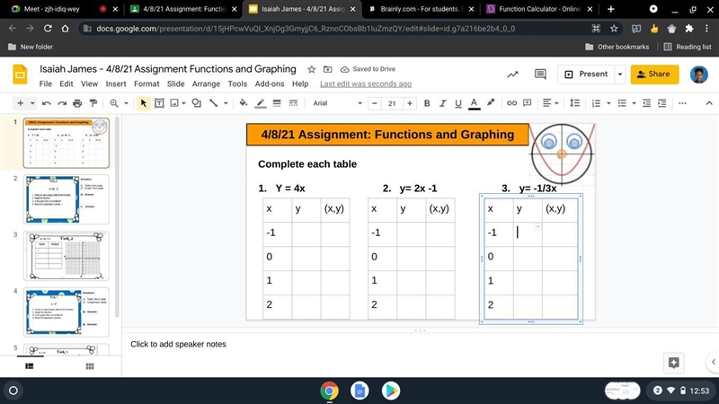 Functions and Graphing complete each table-example-1