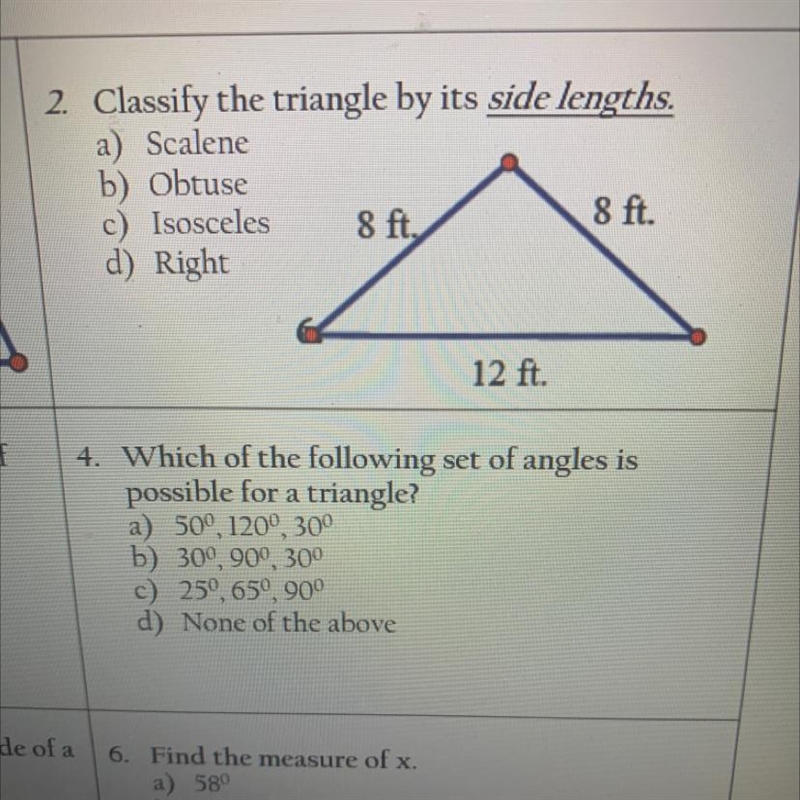 Which of the following set of angles is possible for a triangle-example-1