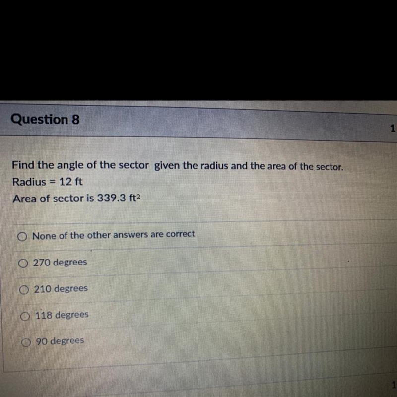 Find the angle of the sector given the radius and the area of the sector. Radius = 12 ft-example-1