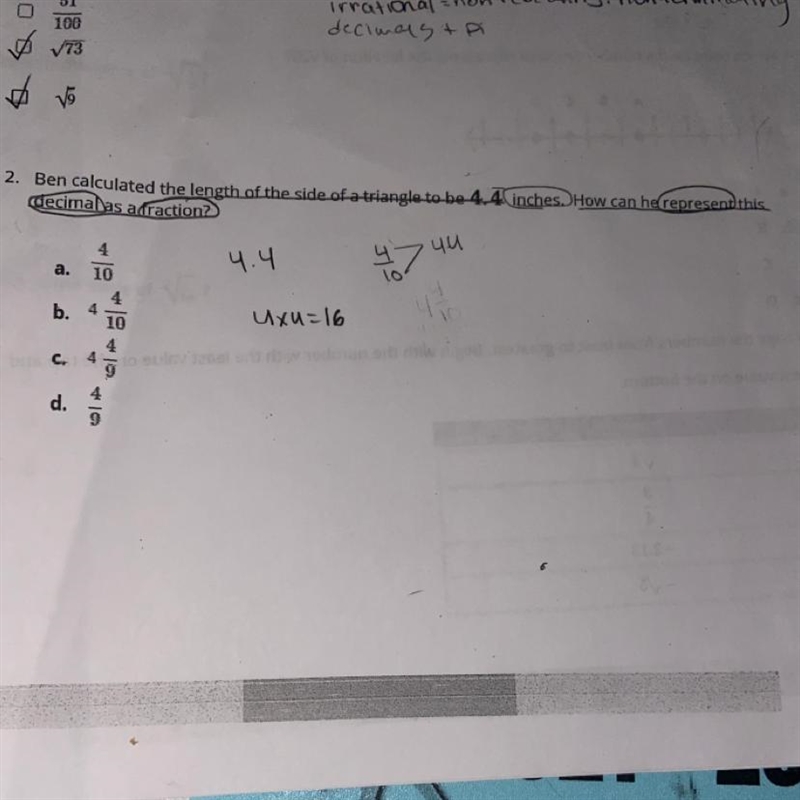 ben calculated the length of the side of a triangle to be 4.4 inches. how can he represent-example-1