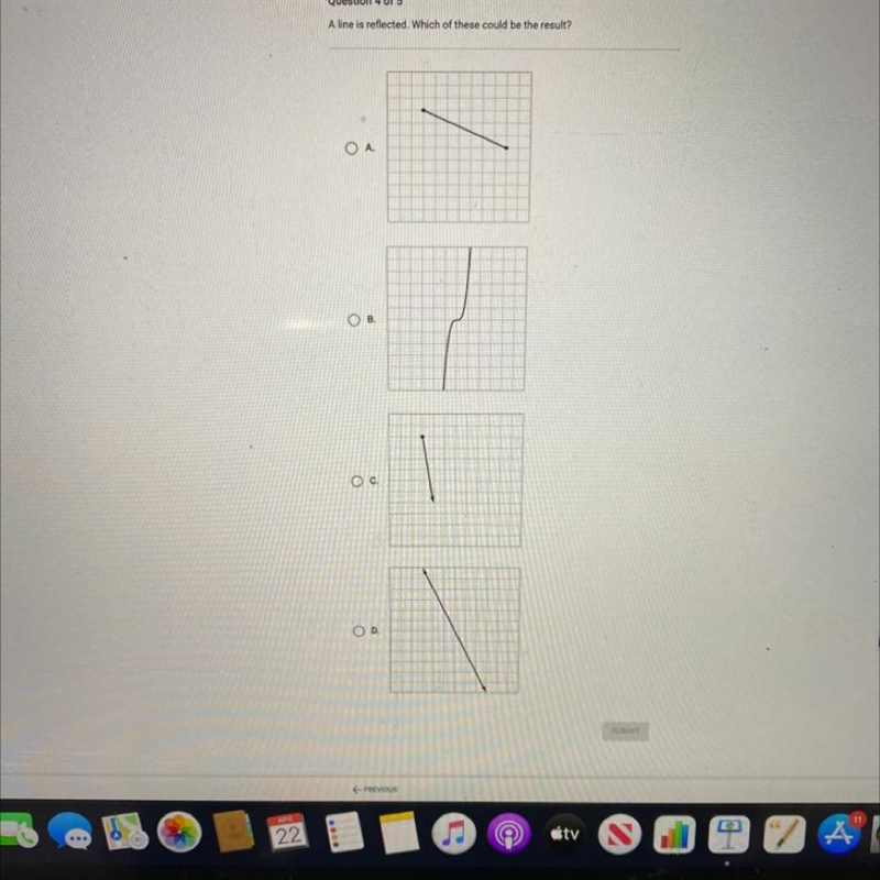 A line is reflected. Which of these could be the result? A. B. C. D.-example-1