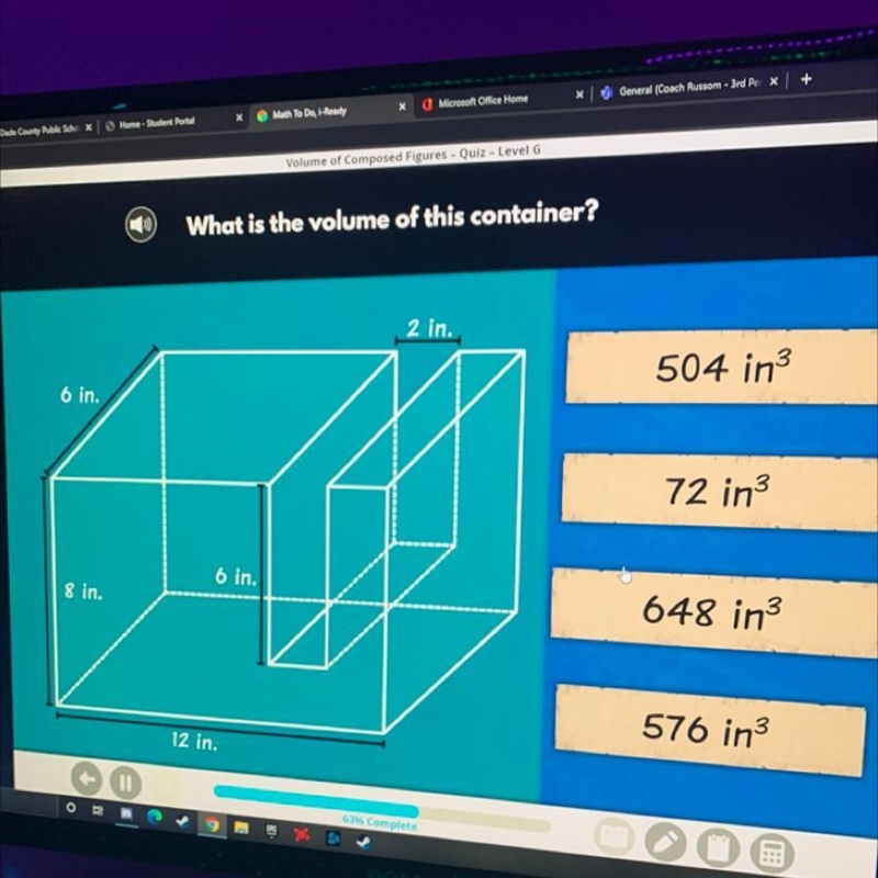 PLEASE HELP FAST What is the volume of this container? 2 in. 504 in 6 in. 72 in3 6 in-example-1