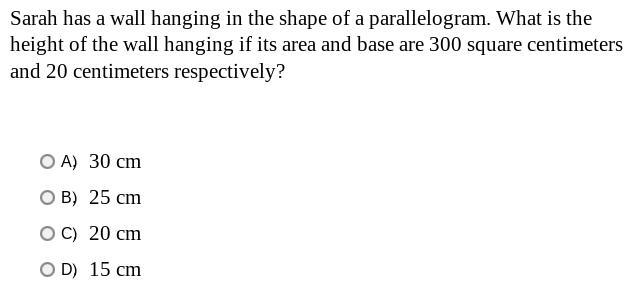 ~S O M E O N E ~ H E L P ~ M E~ Sarah has a wall hanging in the shape of a parallelogram-example-1