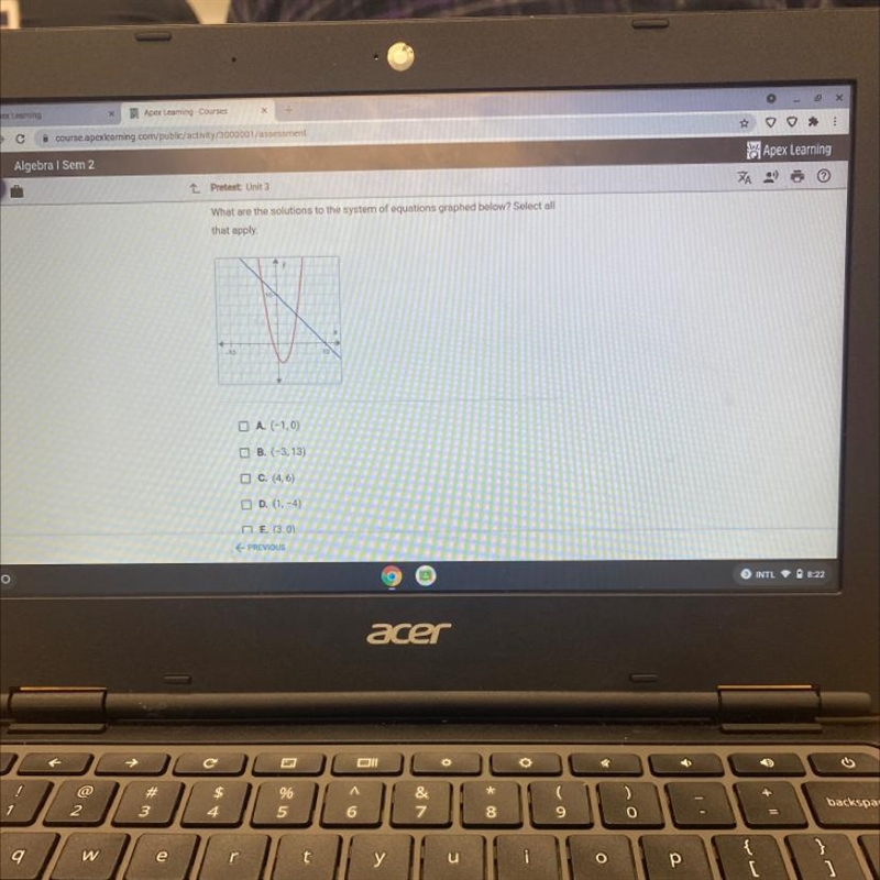 What are solutions to the system of equations graphed below ? Select all that apply-example-1