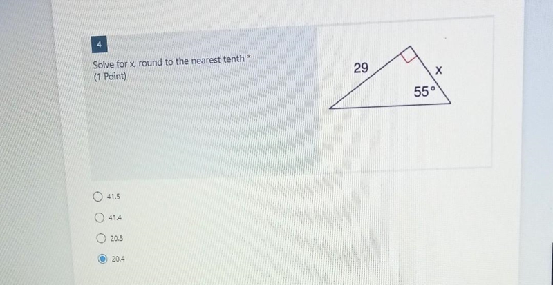 Solve for x round to the nearest tenth 29 X 55 o41.5 o41,4 o20,3 o20.4​-example-1