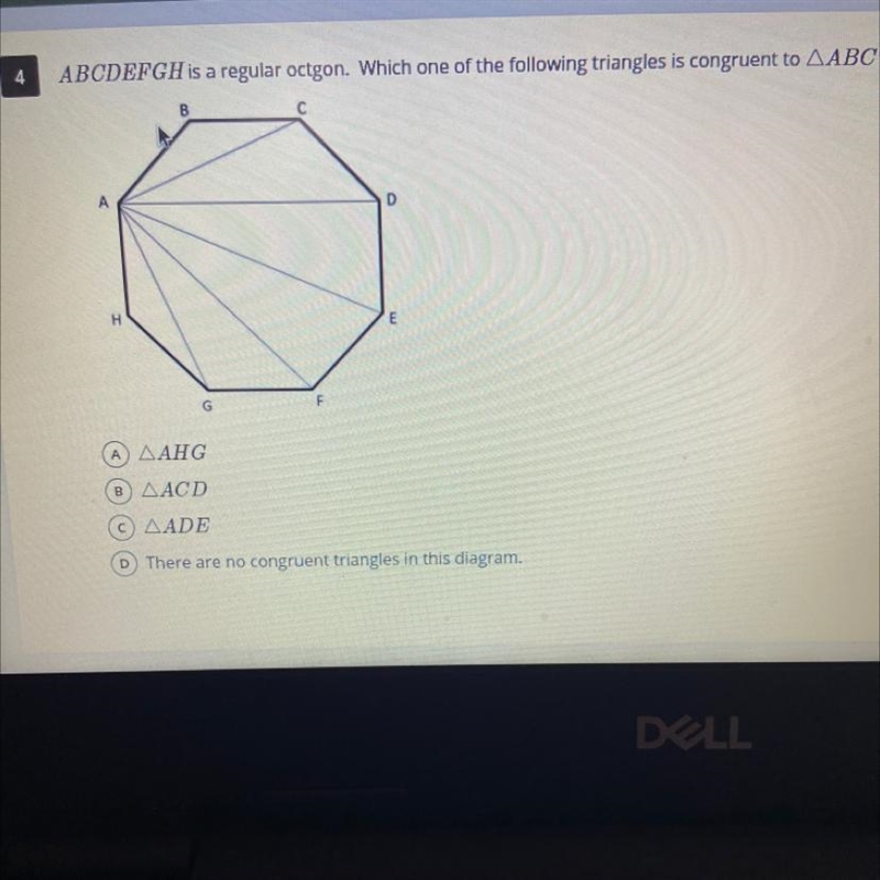 ABCDEFGH is a regular octgon. Which one of the following triangles is congruent to-example-1