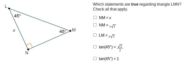 Which statements are true regarding triangle LMN? Check all that apply.-example-1