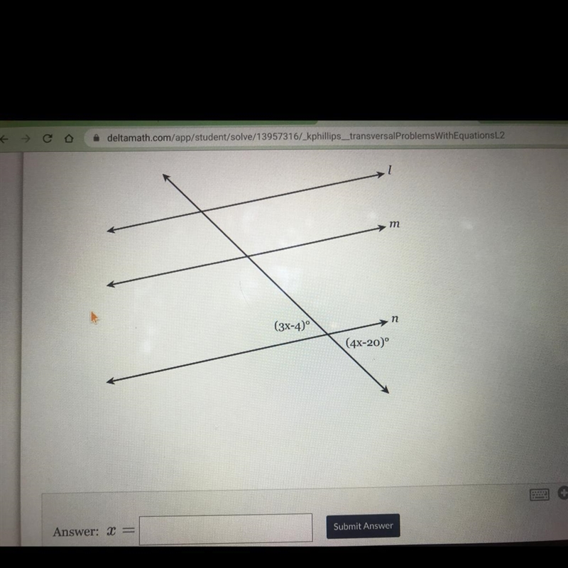 Givenl | m || n, find the value of x. m n (3x-4) (4x-20°-example-1