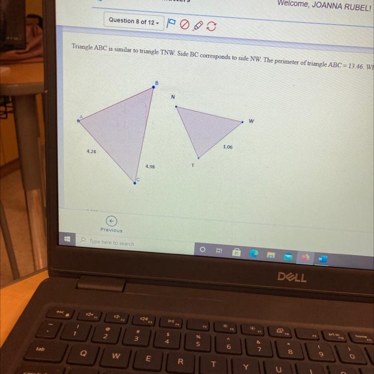 PLEASE ANSWER NOW FOR A TEST Triangle ABC is similar to triangle TNW. Side BC corresponds-example-1