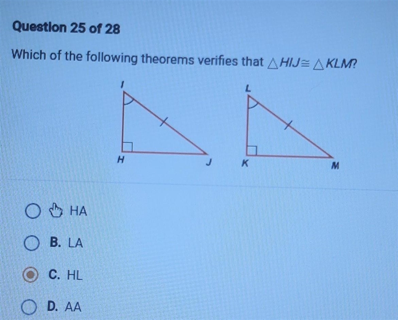 Which of the following theorems verifies that AHIJE AKLM? H K M ОА. НА O O O B. LA-example-1