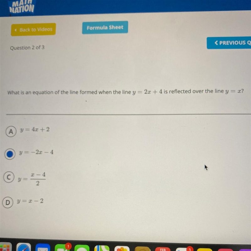 What is an equation of the line formed when the line y = 2x + 4 is reflected over-example-1