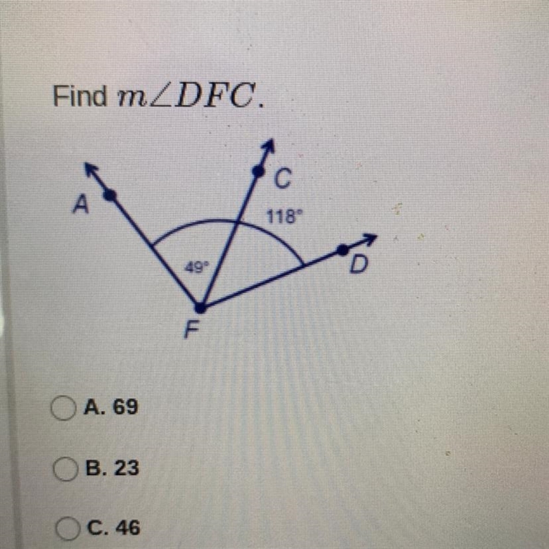 Find angle m A. 69 B. 23 C. 46 D. 167-example-1