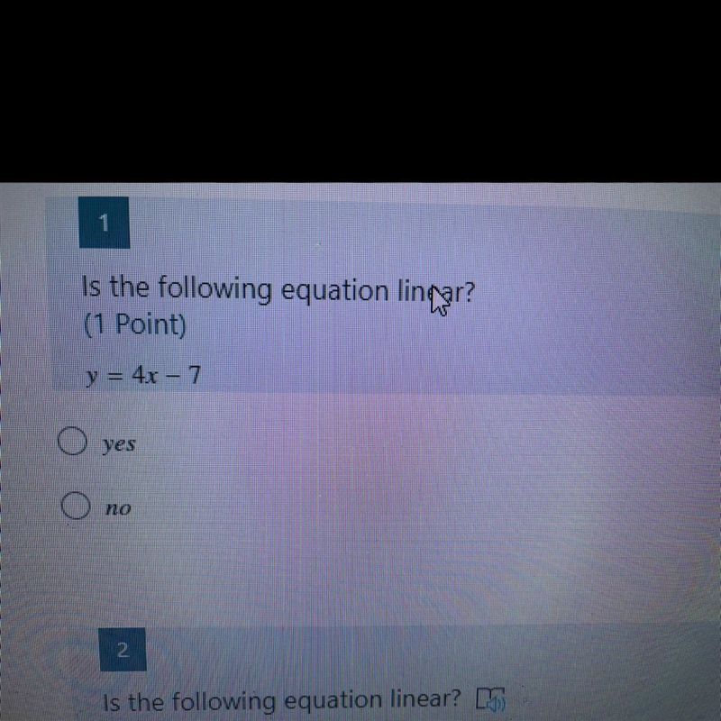 Is the following equation linear? yes or no-example-1