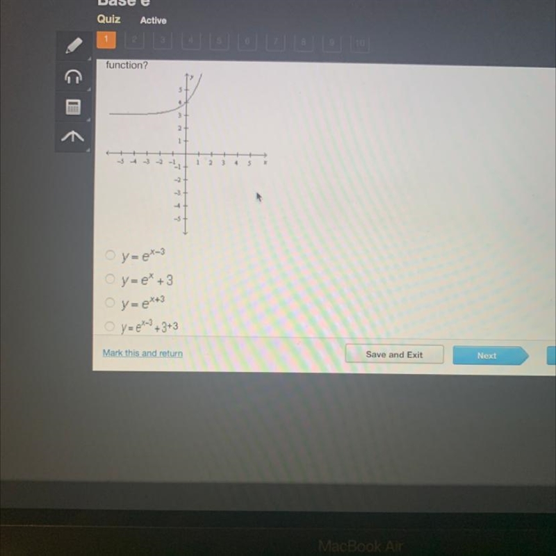 The graph of y = e^x is transformed as shown in the graph below. Which equation represents-example-1