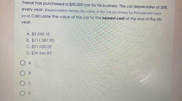 Yassar has purchased a $30,000 car for his business. The car depreciates at 30% every-example-1